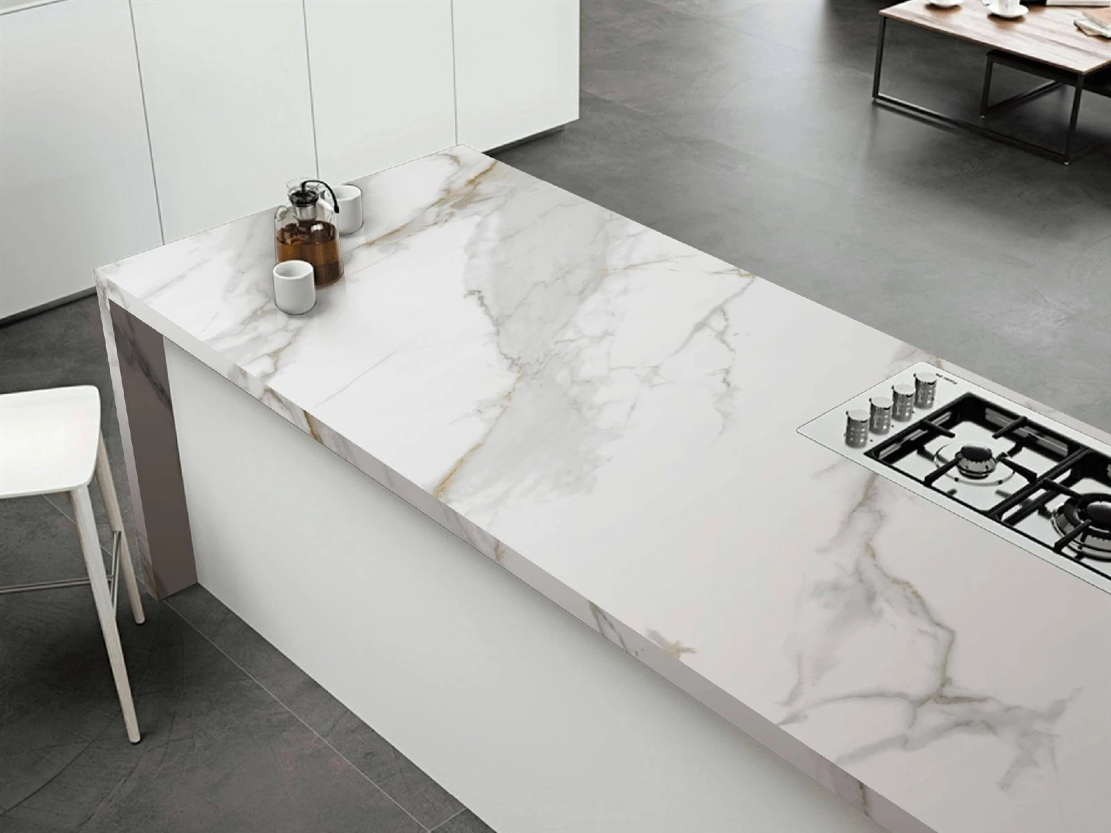 Honed Carrara marble effect countertops Honed Carrara marble effect countertops